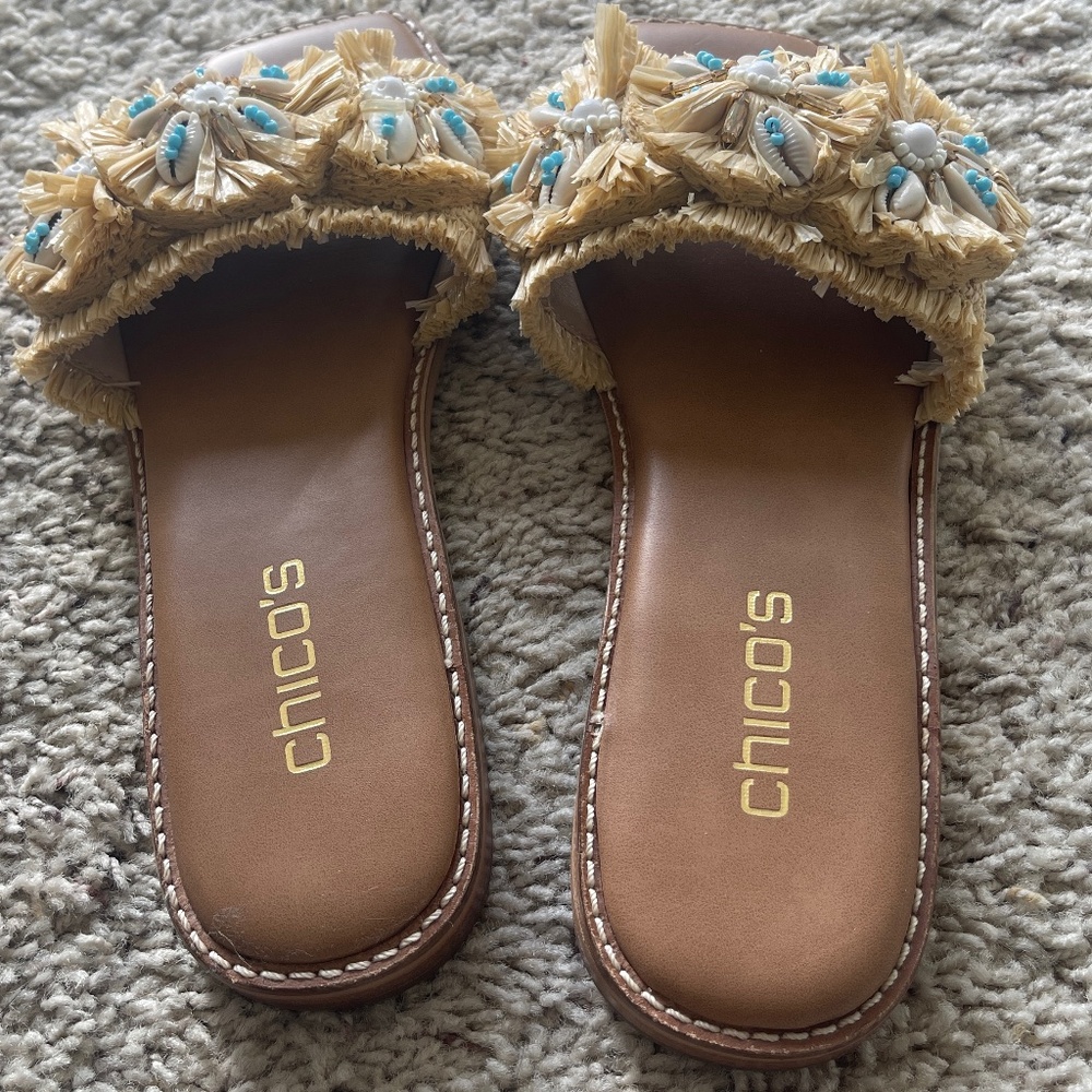 SOLD-Chico's Raffia and Seashell Slide Sandals Size 7.5 Gently Loved - Picture 2 of 5